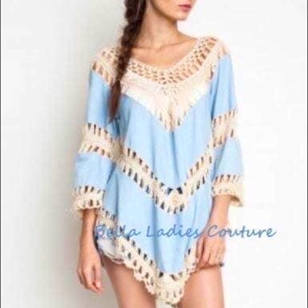 Denim and crochet trim tunic